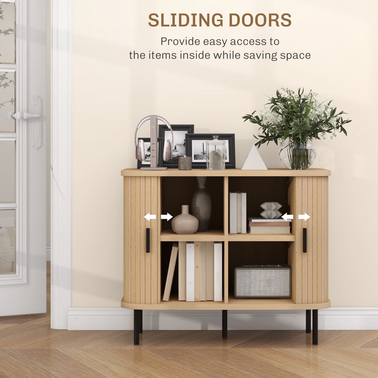 Ronoke Natural Oak Effect Mid Century Sideboard Slatted Sliding Doors Black Metal Legs