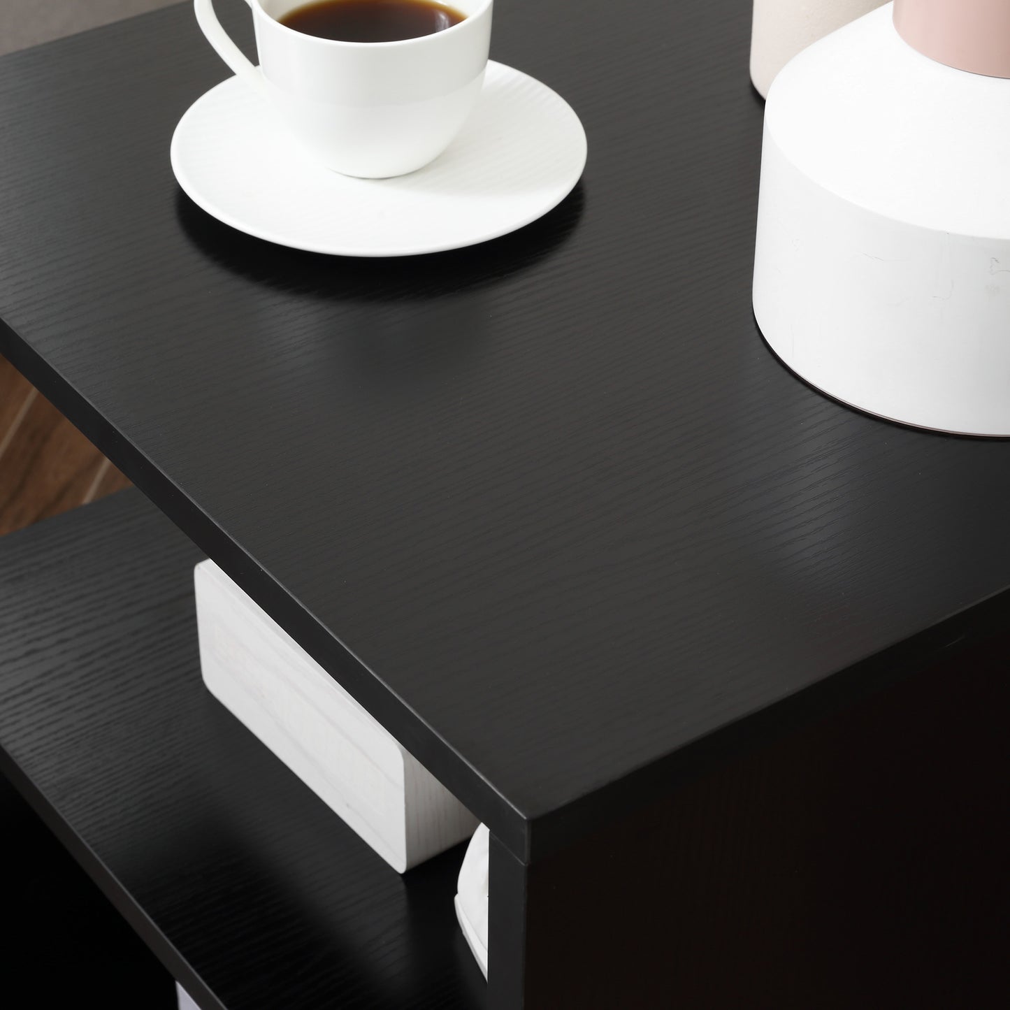 Tova Kene Wooden Black Set Of 2 Side Coffee Tables 2 Tier Storage S Shaped