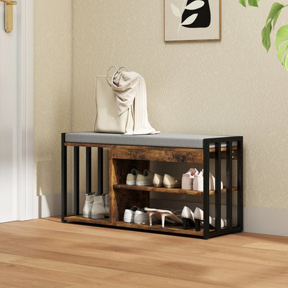 Soli Wooden Rustic Brown Upholstered Shoe Bench With 3 Shelf and Grey Padded Seat