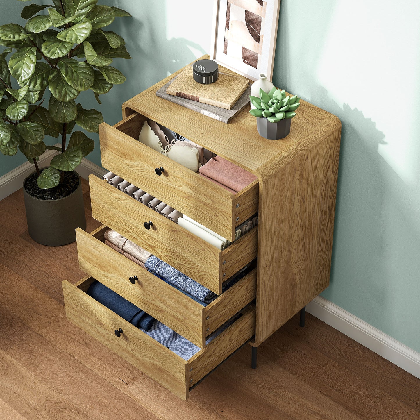 Elmira Wood Oak Finish 4 Drawer Modern Storage Chest