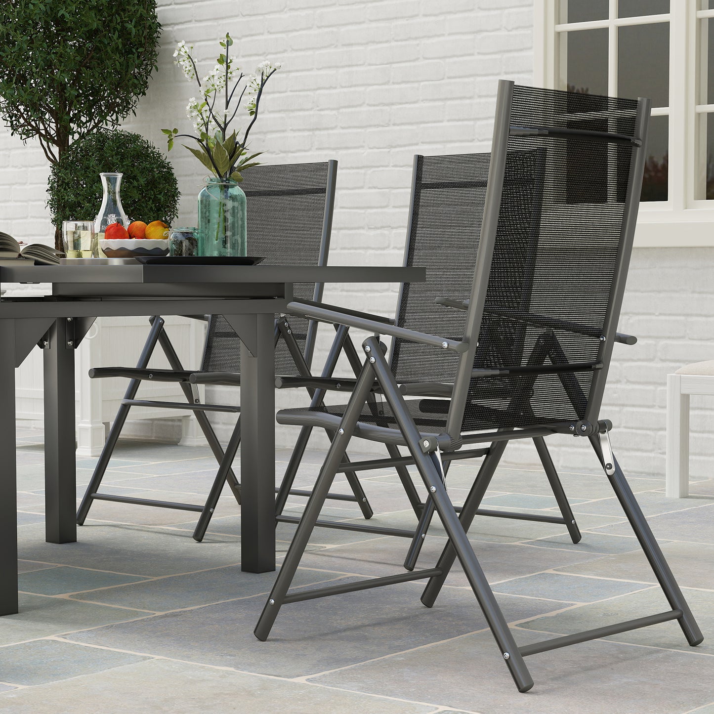 Cosuri 6 Seater Grey Mesh Outdoor Dining Set with Extendable Table and Folding Chairs