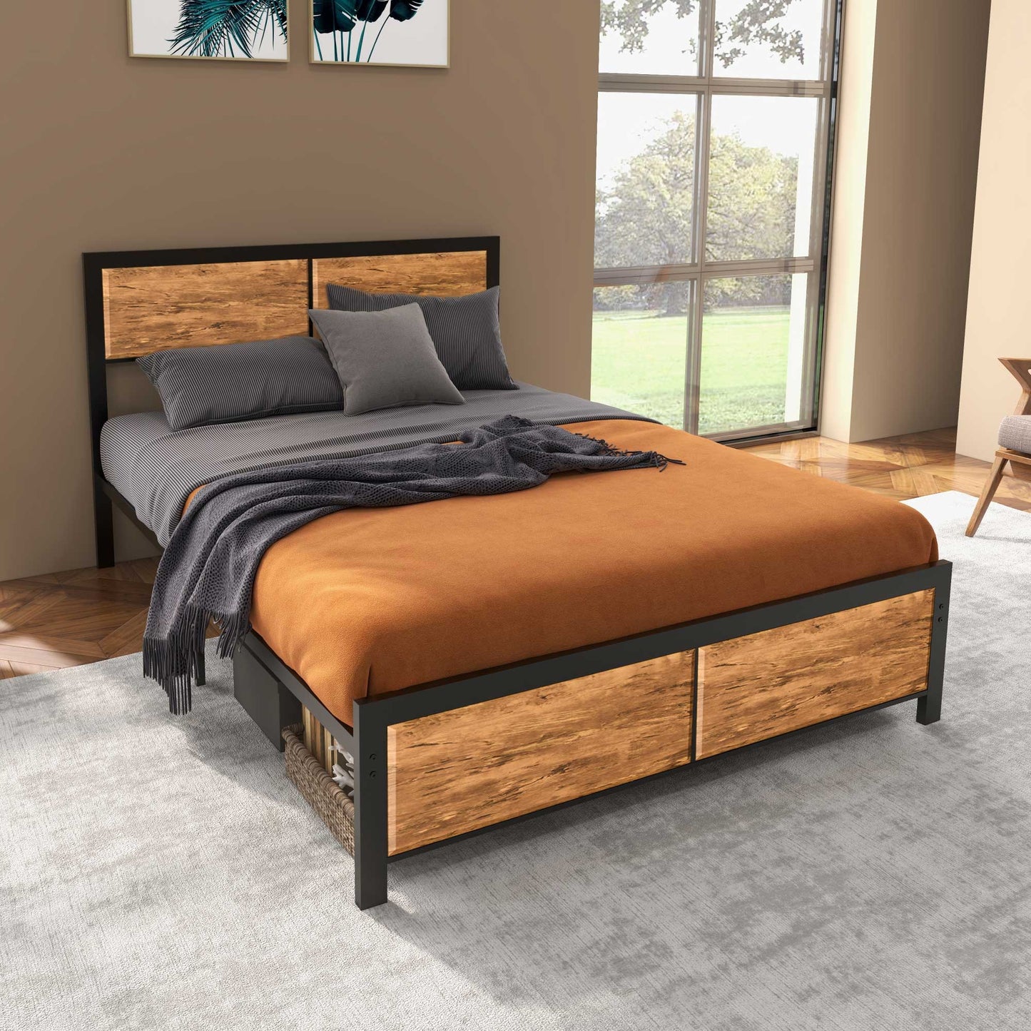 Sohala 4FT6 Industrial Metal Frame Double Bed with Headboard and Footboard