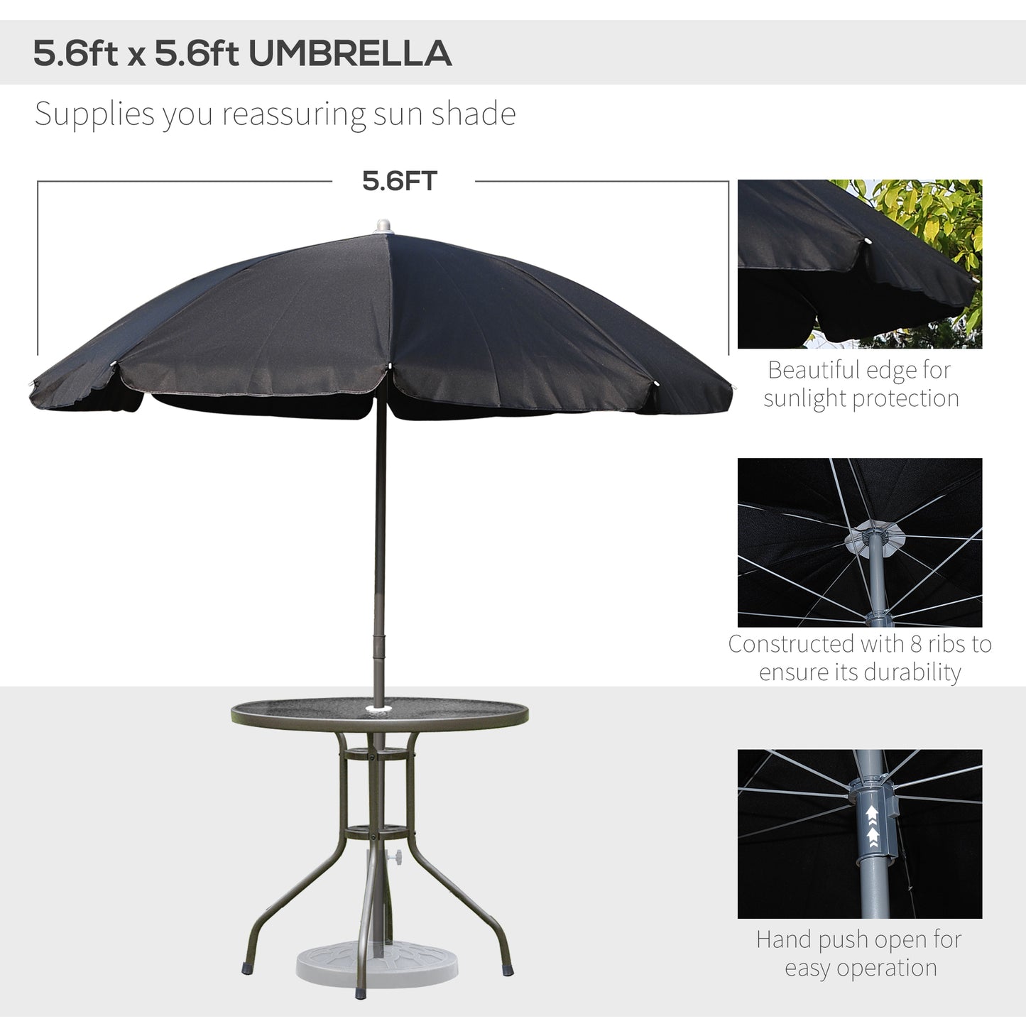 Jattare 4 Seater Metal and Mesh Black Garden Dining Set With Parasol Folding Chairs And Glass Table