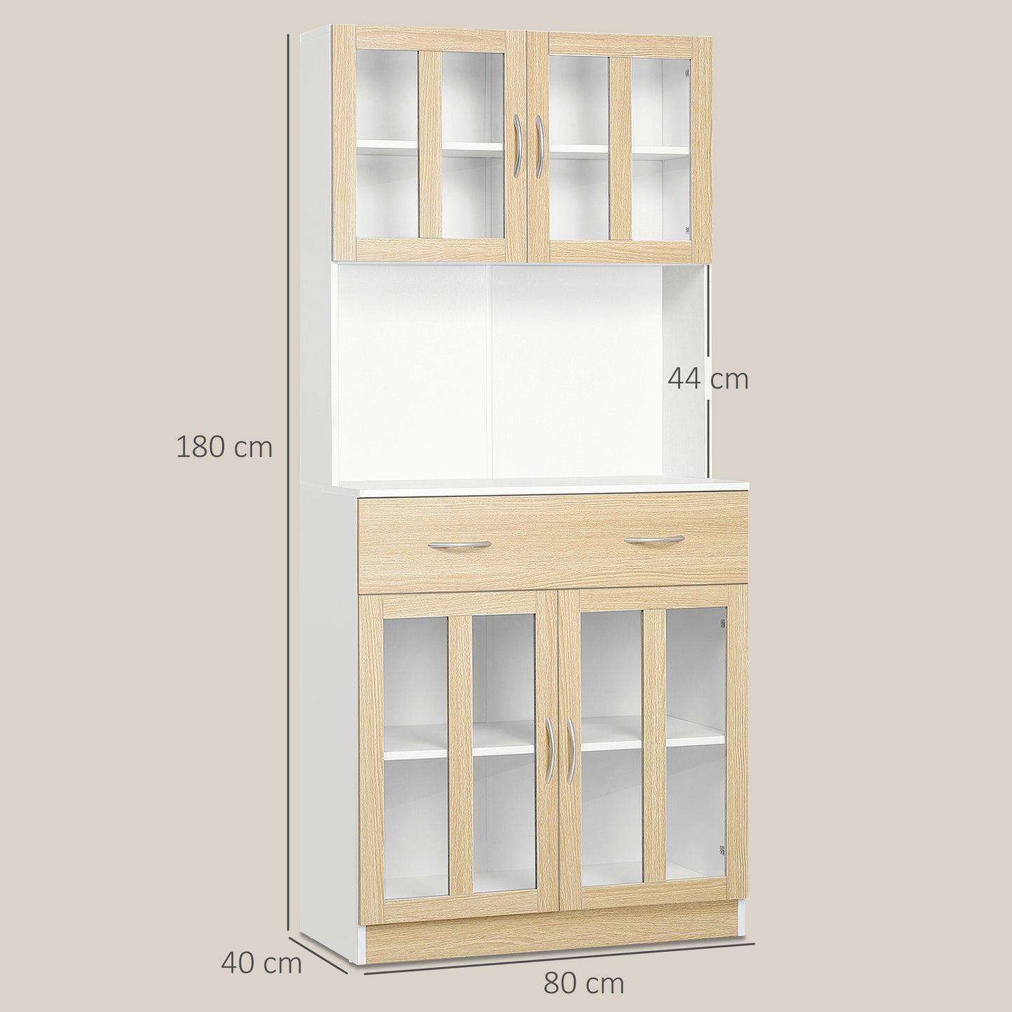 Vefaso Wooden White Tall Kitchen Hutch With Central Drawer Glass Door Cabinets And Countertop 180 cm