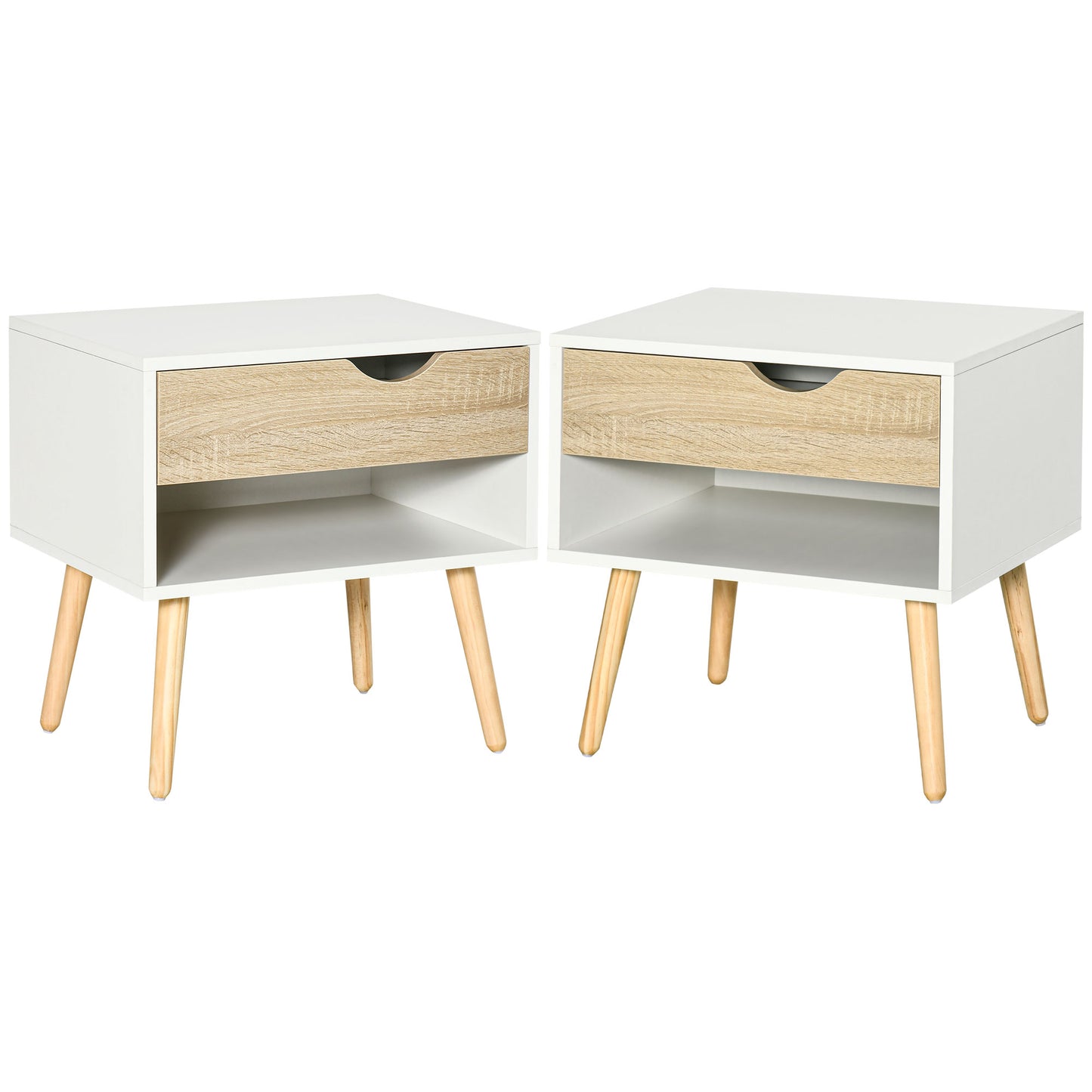 Leel Set Of 2 White and Natural Wood Bedside Tables With Drawer And Bottom Shelf