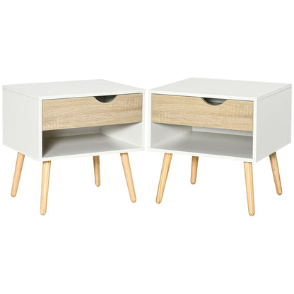 Leel Set Of 2 White and Natural Wood Bedside Tables With Drawer And Bottom Shelf
