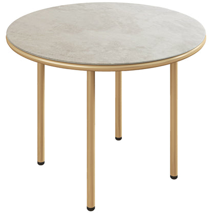 Bake Steel Beige Round Side Table With Faux Marble Glass Top