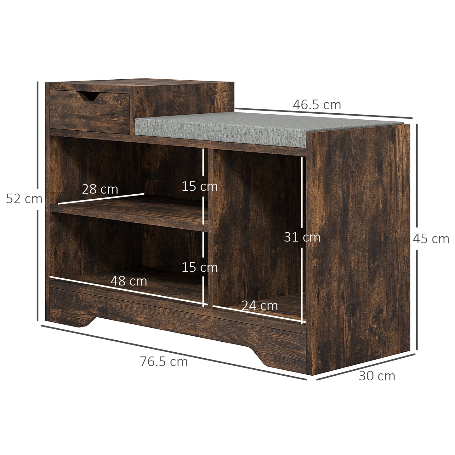 Nata Wooden Rustic Brown Multi Compartment Shoe Bench With Grey Cushioned Seat