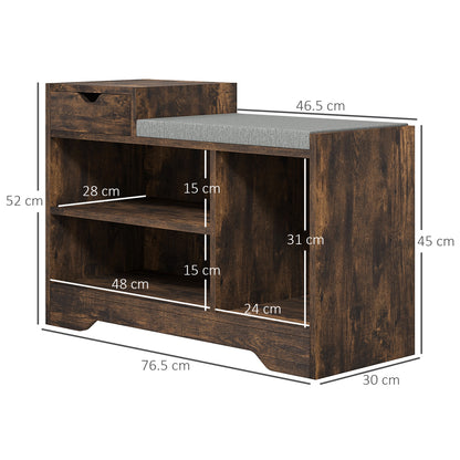 Nata Wooden Rustic Brown Multi Compartment Shoe Bench With Grey Cushioned Seat