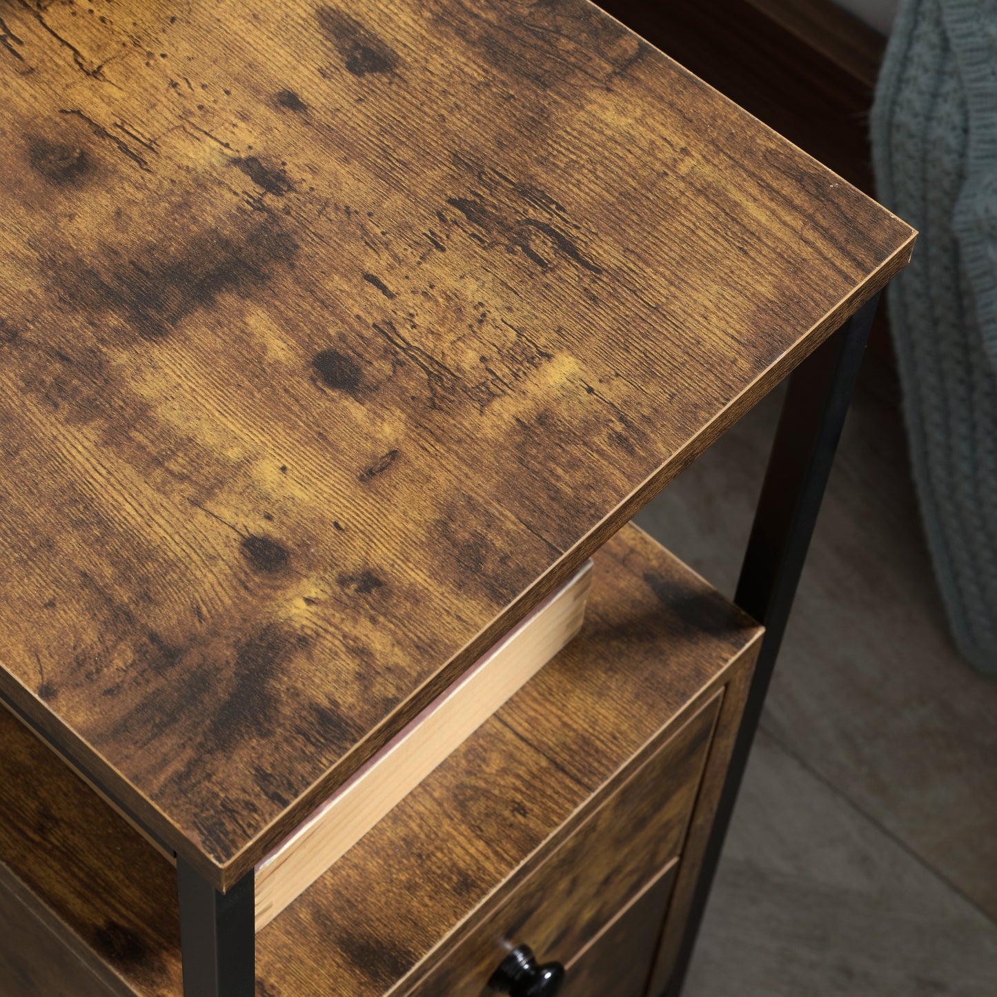Mirayo Set Of 2 Narrow Industrial Side Tables With 2 Drawers And Shelves Wooden Rustic Brown