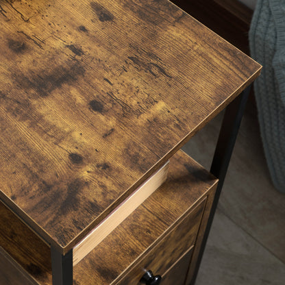 Mirayo Set Of 2 Narrow Industrial Side Tables With 2 Drawers And Shelves Wooden Rustic Brown