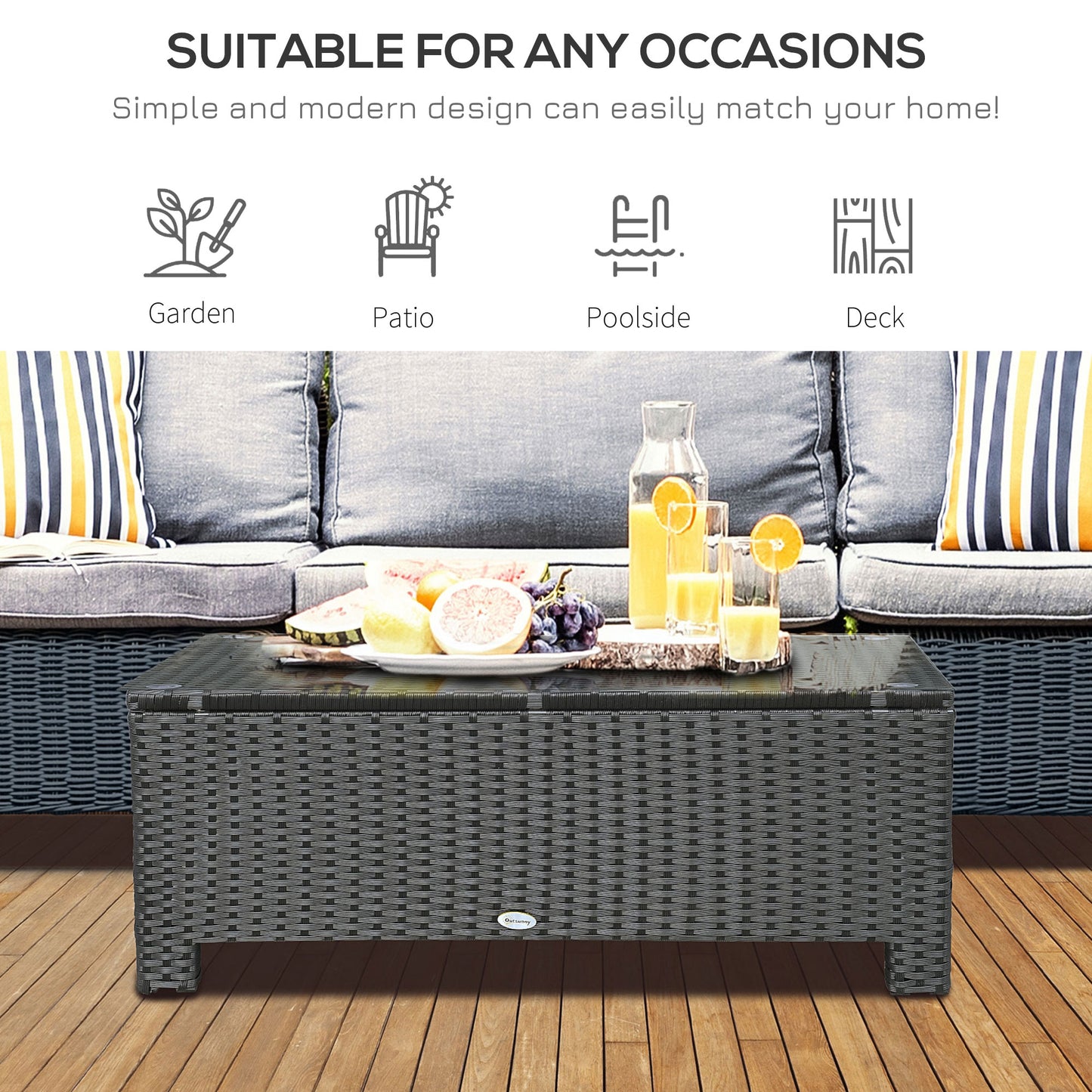 Niyo Black Rattan Rectangular Outdoor Coffee Table With Tempered Glass Top