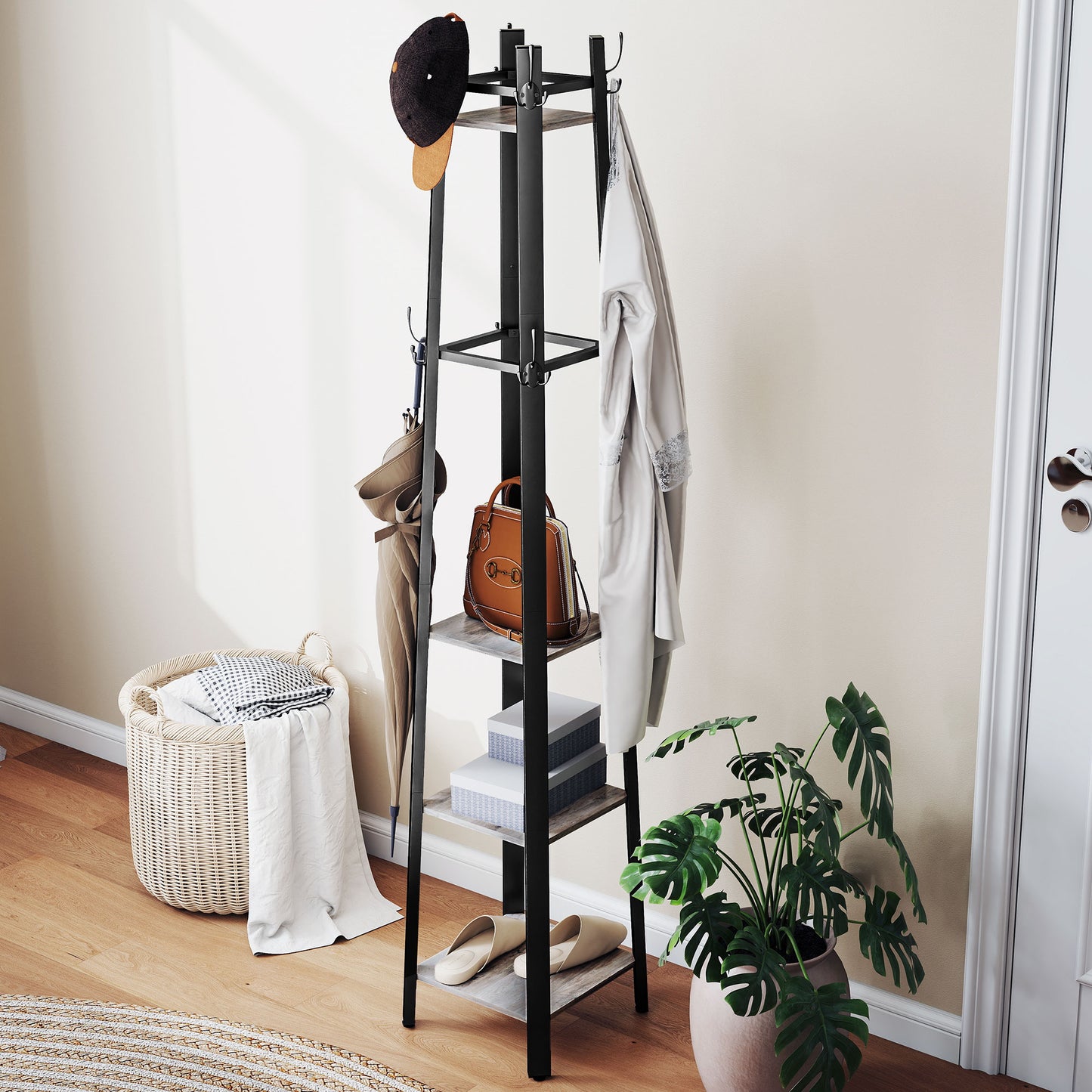 Savapa Metal And Wood Grey And Black 4 Tier Industrial Coat Stand With Shelves