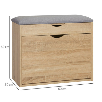 Zielma Wooden Natural Shoe Bench With Flip Up Storage And Grey Cushioned Seat