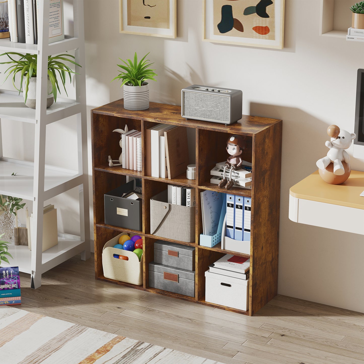 Mamomo Faha Wood Rustic Brown 3 Tier 9 Cube Storage Bookcase