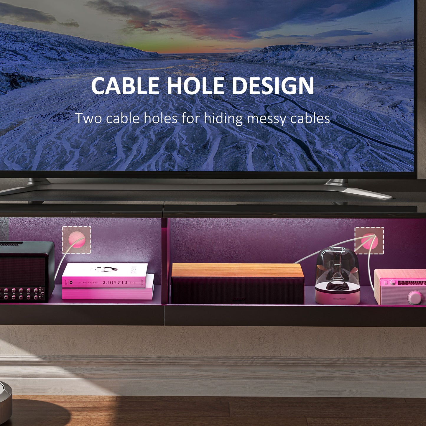Vare 150cm High Gloss Black Floating TV Unit With LED Lighting For Screens Up To 65 Inches