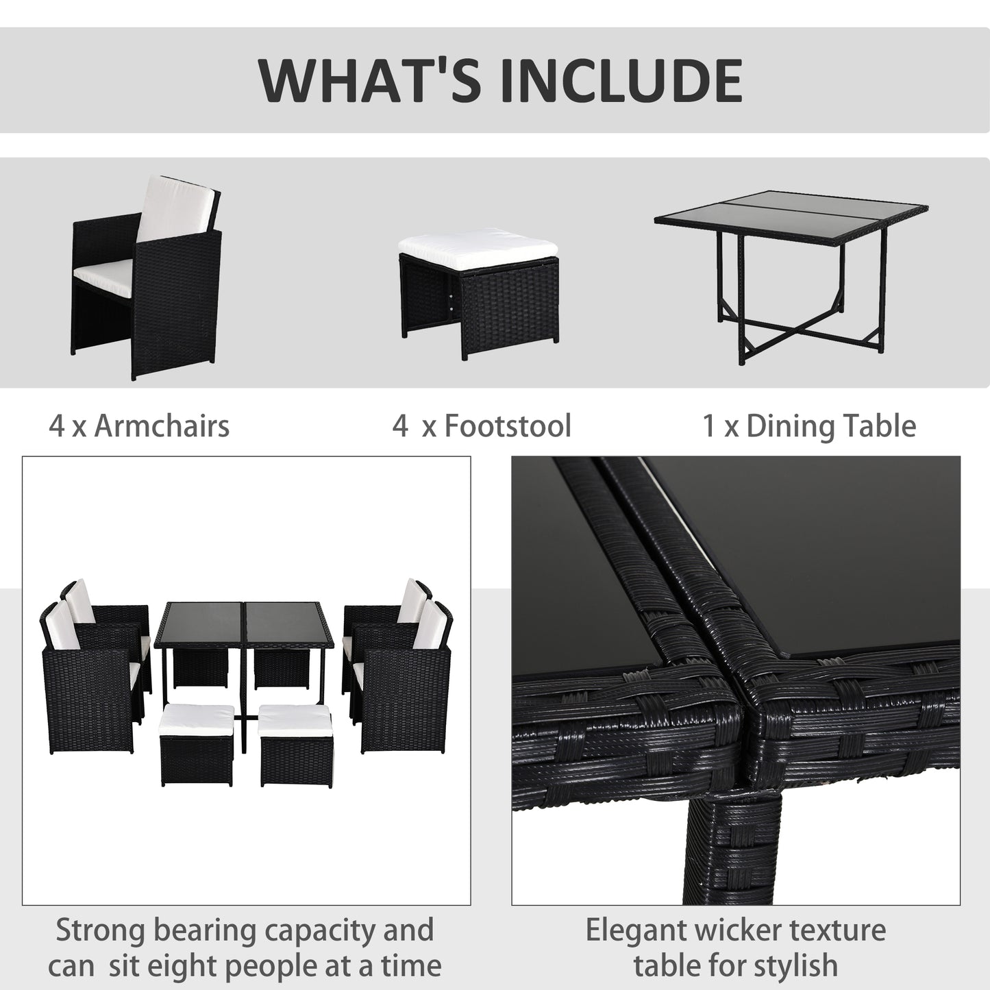 Viro Rattan Black 8 Seater Cube Garden Dining Set With Cushions And Square Glass Table