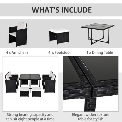 Viro Rattan Black 8 Seater Cube Garden Dining Set With Cushions And Square Glass Table