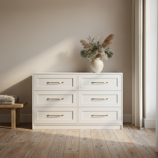 Kahs White Wooden 6 Drawer Storage Chest Gold Handles