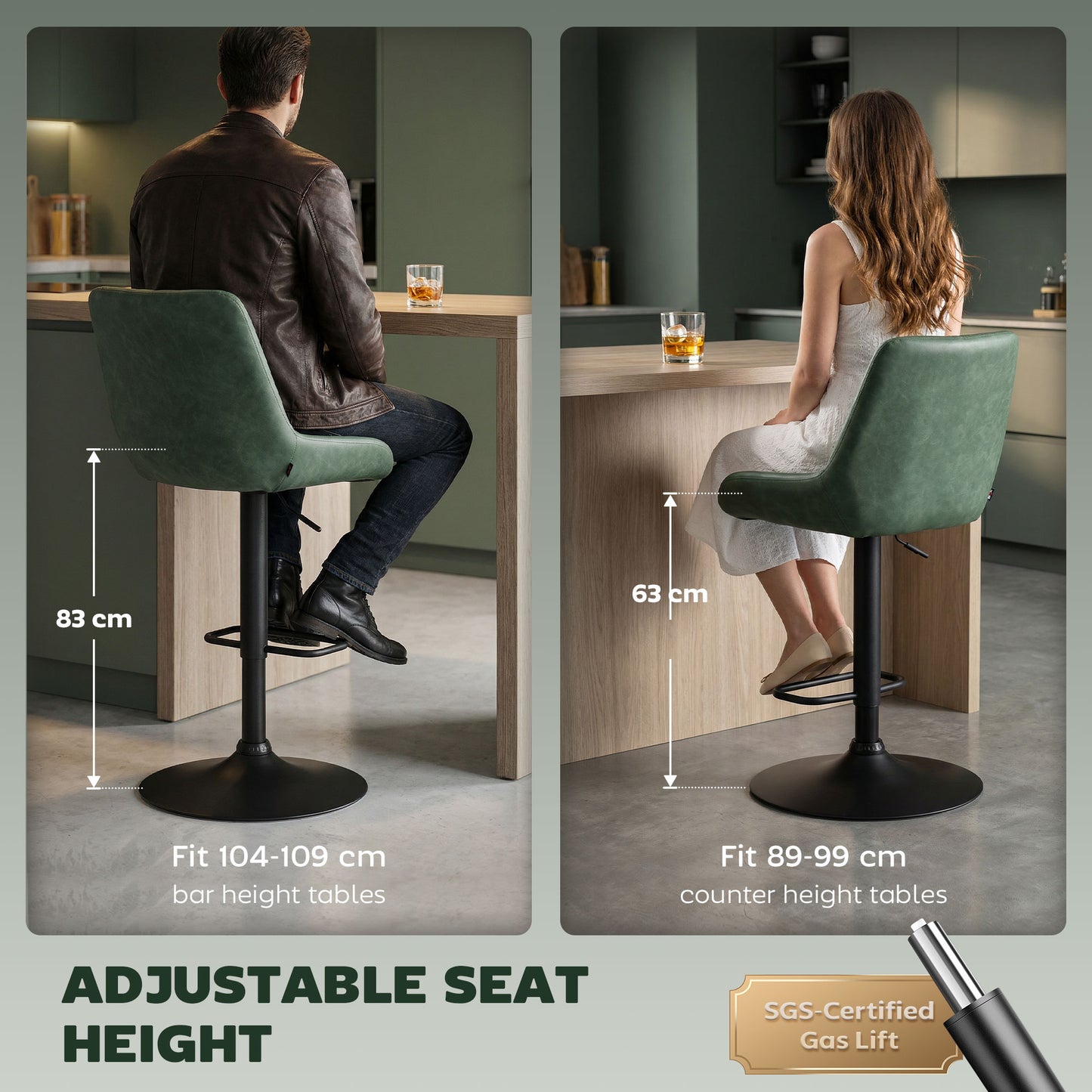 Milosu Fabric Green Adjustable Retro Bar Stools Set Of 2 With Swivel Seats
