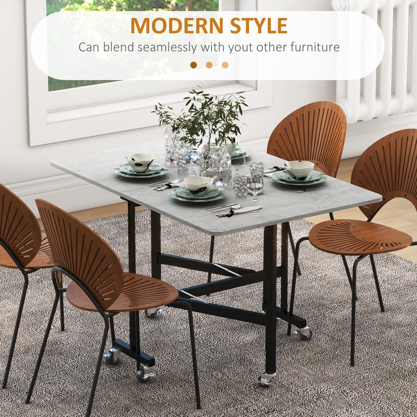 Ritodo Wooden Grey Marble Effect Mobile Drop Leaf Dining Table With Locking Castors