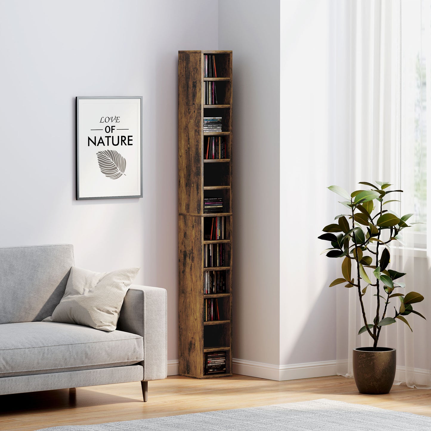 Nedito Wood Rustic Brown Tall Narrow Media Storage Tower With 204 Disc Capacity