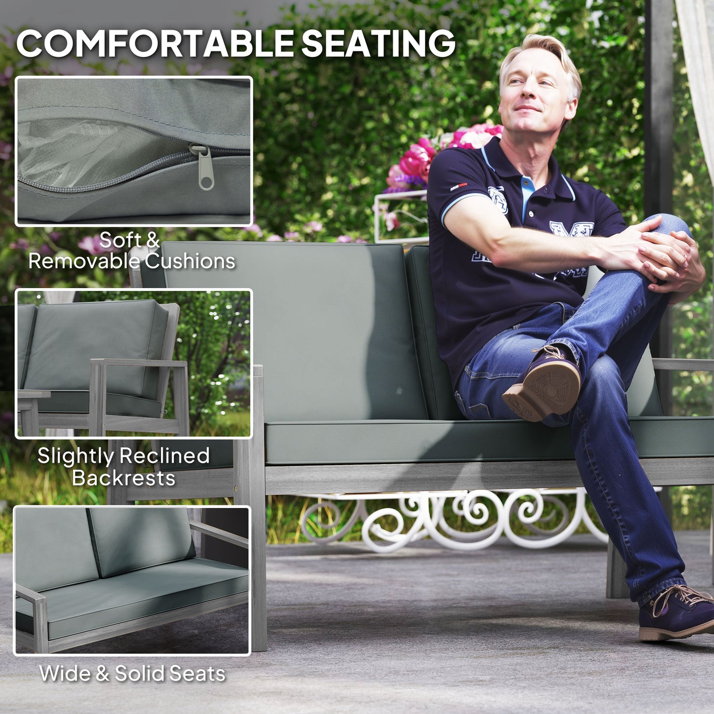 Nabatove Grey Wood 4 Seater Outdoor Garden Furniture Set With Cushions