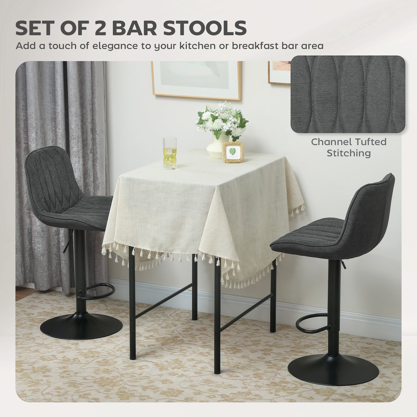 Likaha Fabric Charcoal Grey Linen Look Bar Stools Set Of 2