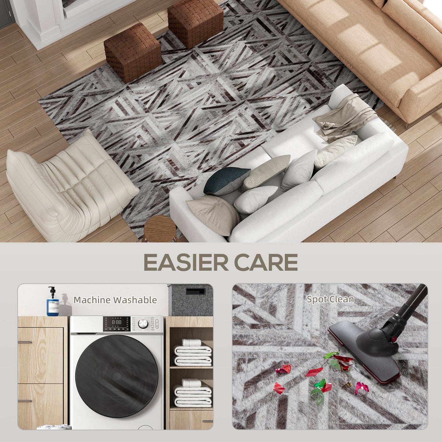Fisuk 290 x 200cm Chenille Brown Triangle Pattern Non Slip Washable Rug