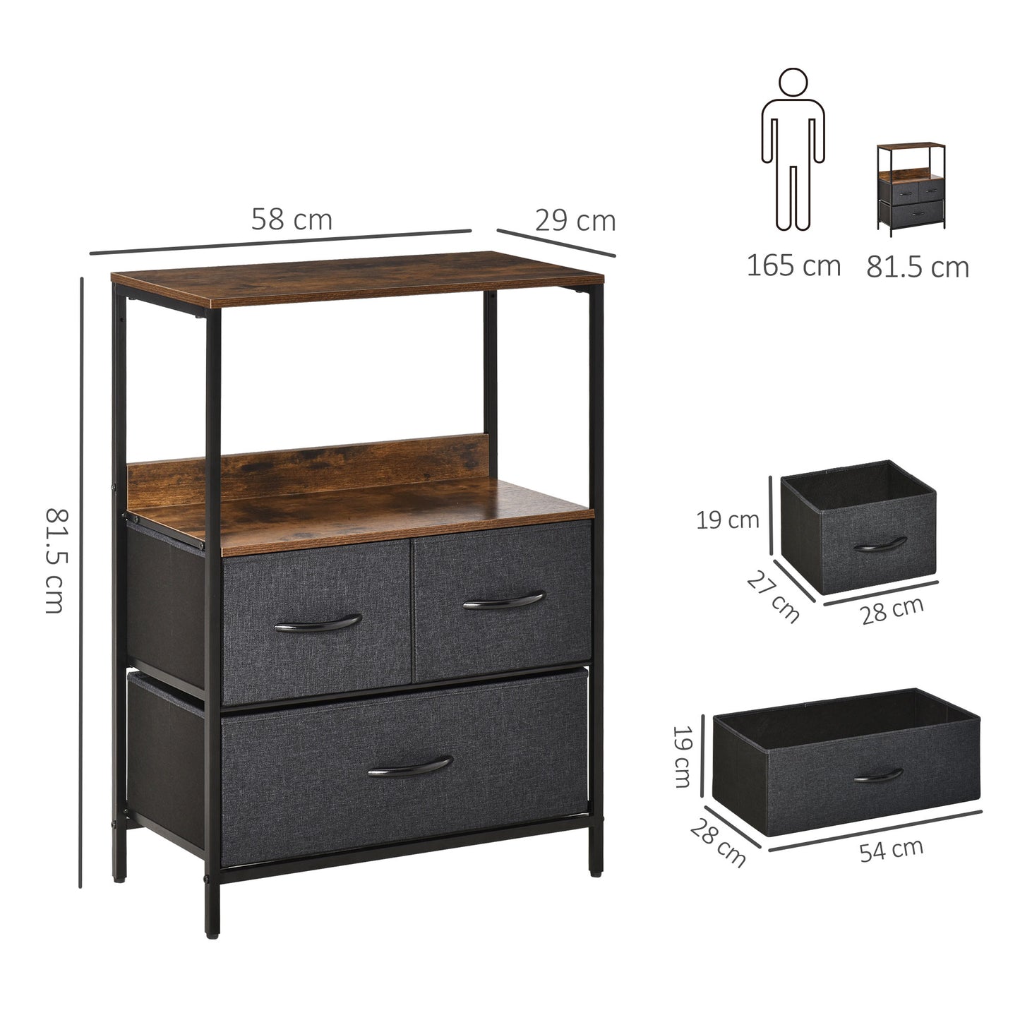 Ranotte Wooden Black 3 Fabric Drawer Storage Chest With Shelf