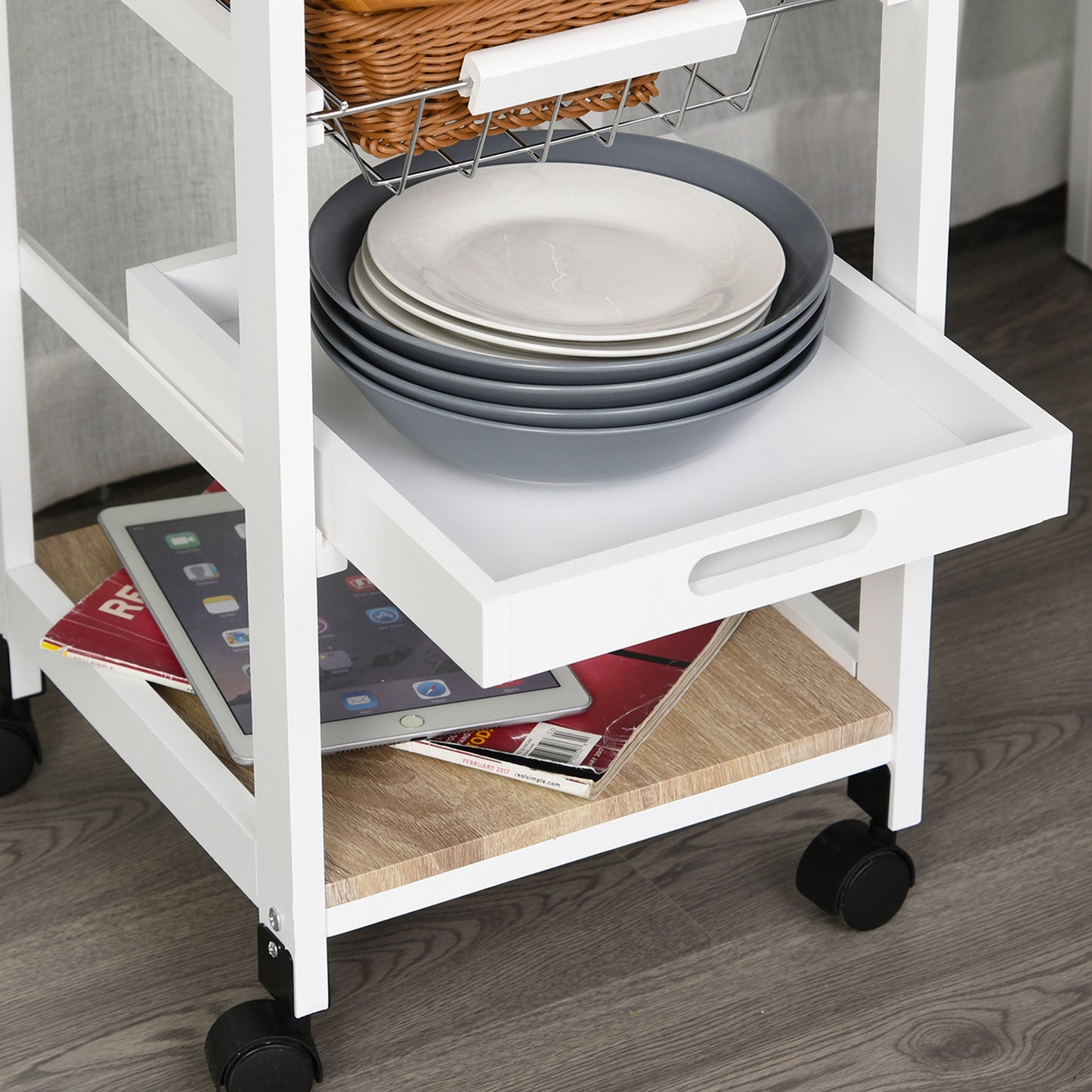 Dini Wooden White Mobile Kitchen Trolley With Baskets Shelves And Wheels