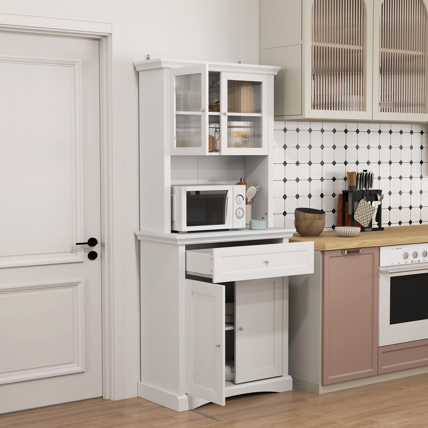 Tole Wooden White 4 Door Kitchen Cupboard With Drawer Glass Doors And OFauxn Counter