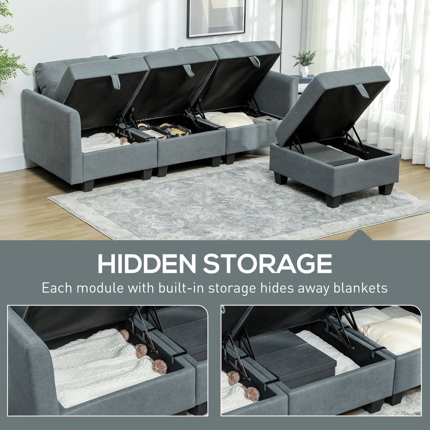 Vinole Rado Fabric Dark Grey Modular L ShaFauxd Sofa With Built In Storage