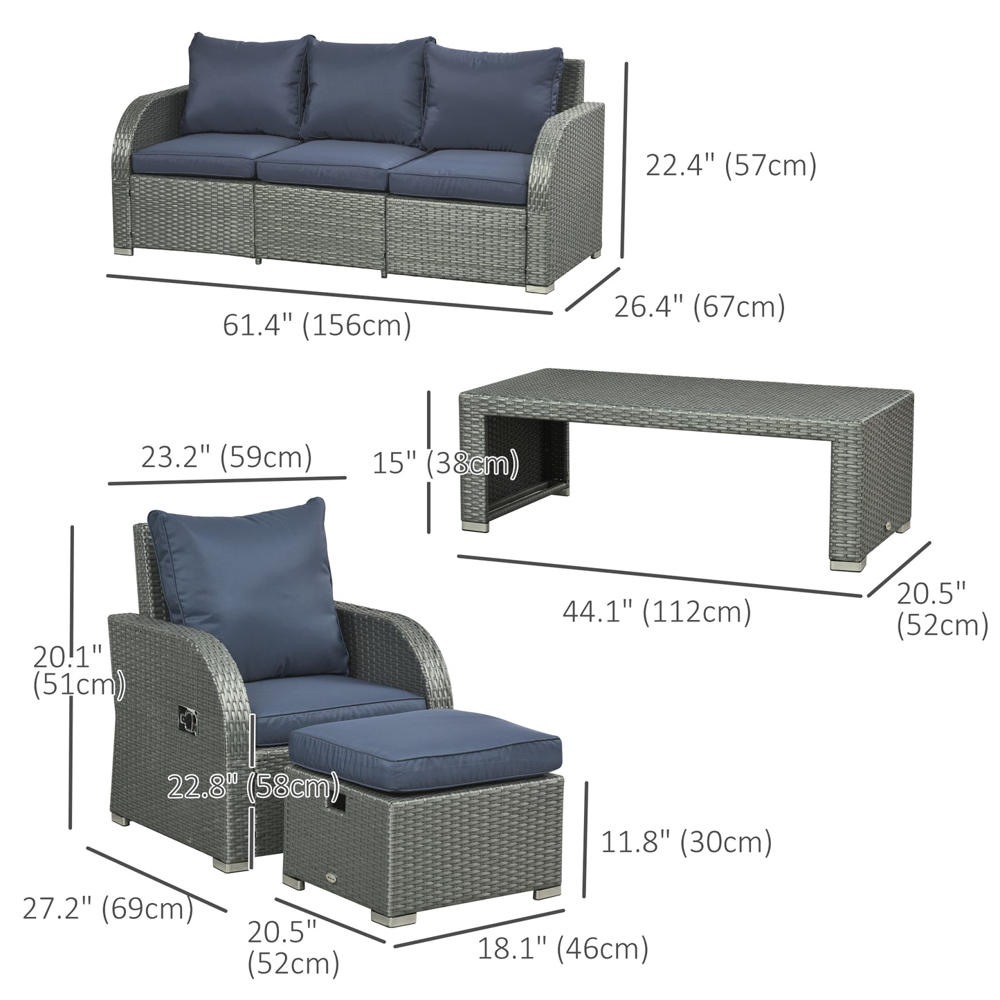 Sediro Lule Grey and Blue Rattan 7 Seater Outdoor Furniture Set With Reclining Armchairs Footstools and Table