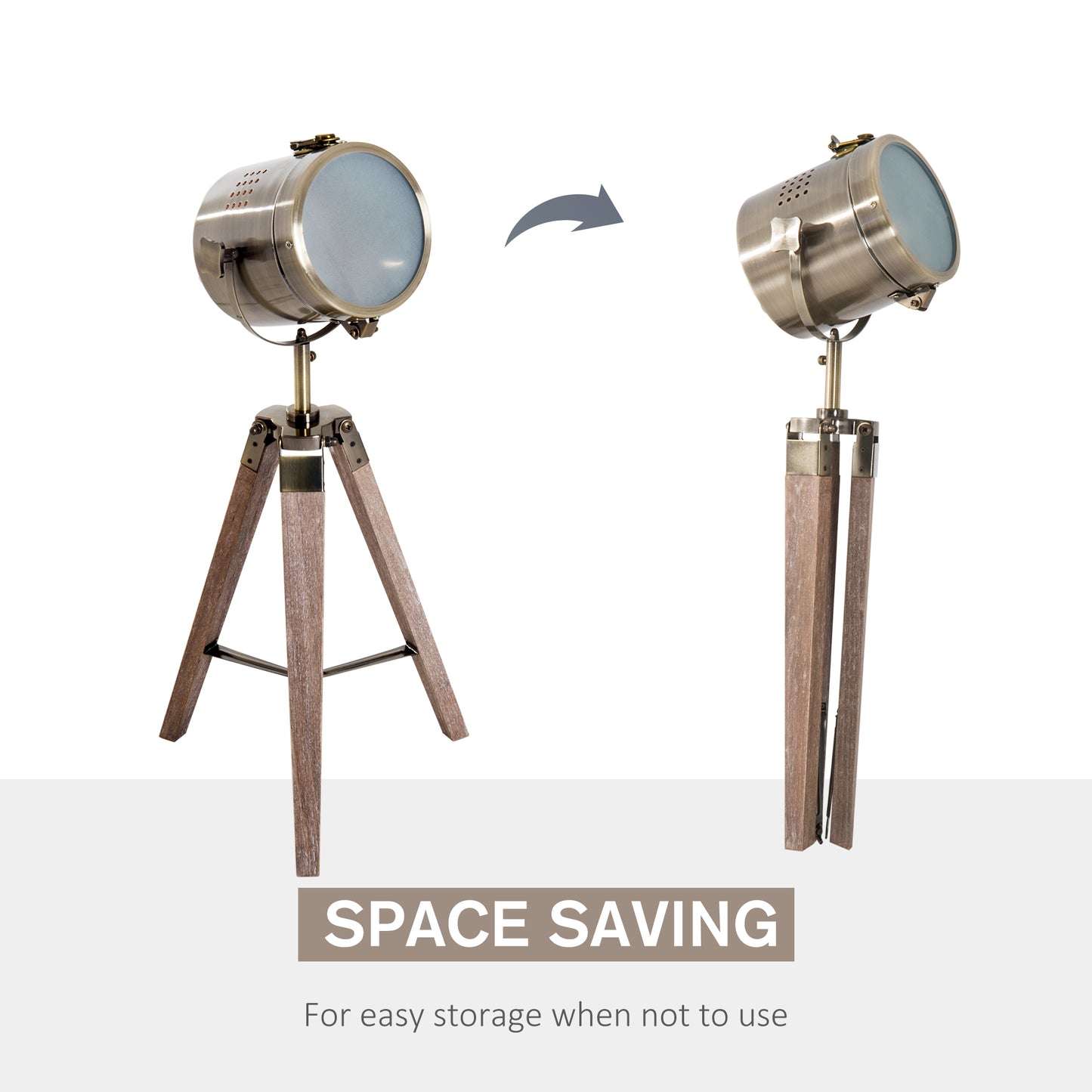 Vidira Wood And Metal Brass Vintage Tripod Table Lamp With Spotlight Head