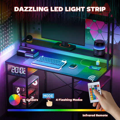 Difato 120cm Black Gaming Desk With Power Outlets LED Lighting Monitor Stand And Shelving Hutch