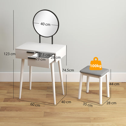 Comika White Dressing Table And Stool Set With Round Mirror 2 Drawers 60 x 40 x 123 cm