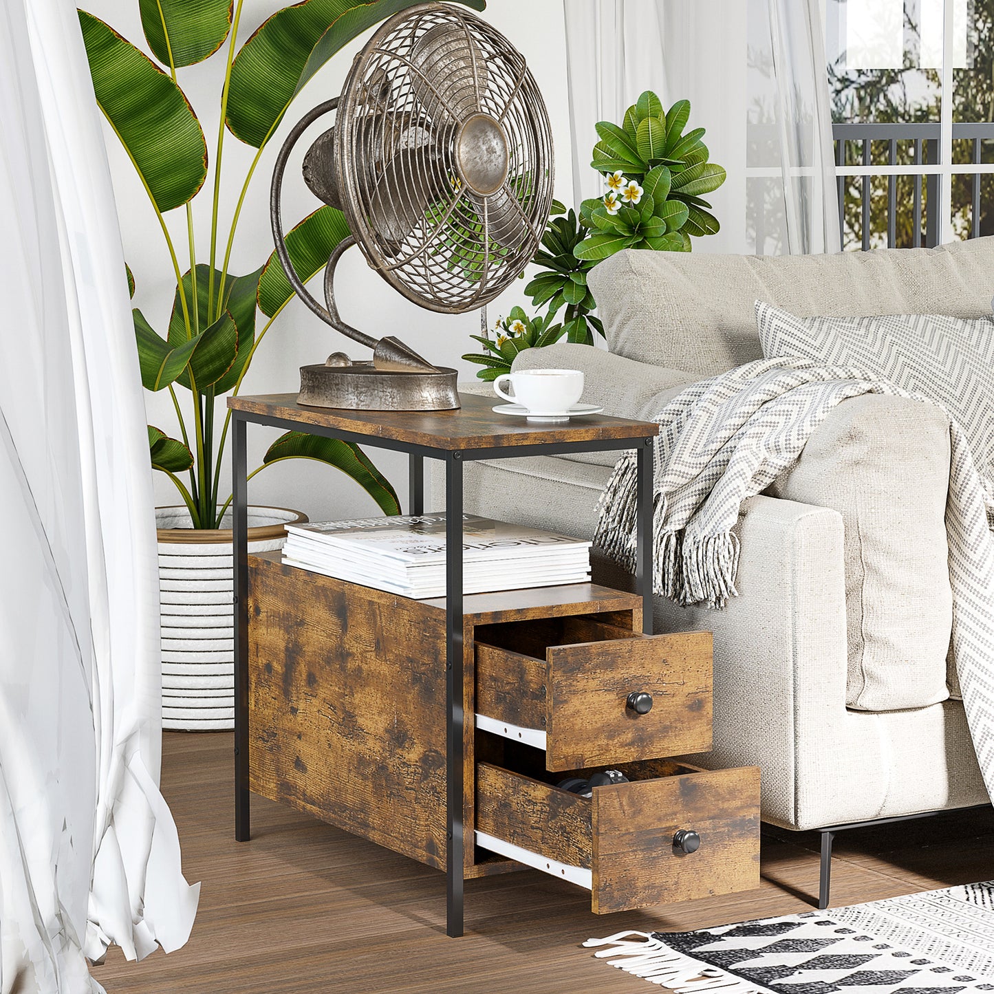 Vino Rustic Brown Narrow Bedside Table With 2 Drawers And Open Top Shelf