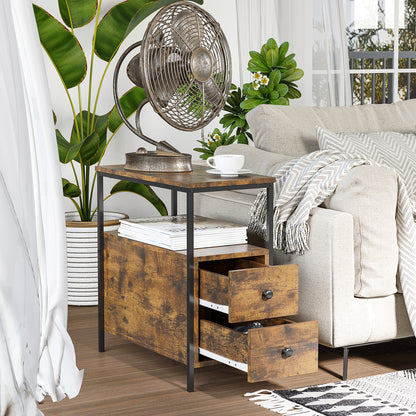 Vino Rustic Brown Narrow Bedside Table With 2 Drawers And Open Top Shelf