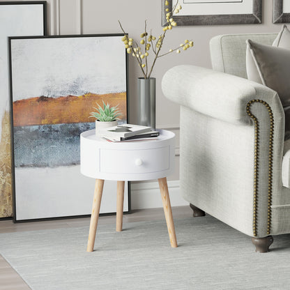 Taloso Wood White Round Bedside Table With Drawer And Natural Wooden Legs