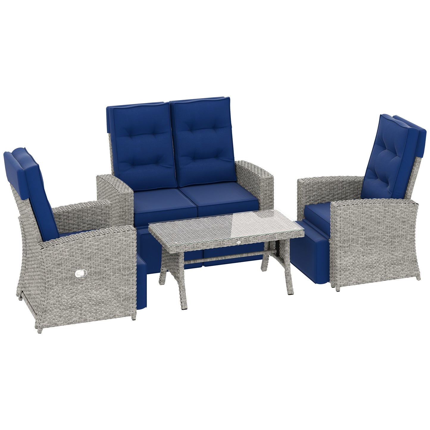Kalec Grey Rattan Navy Blue 4 Seater Outdoor Sofa  Set With Glass Coffee Table