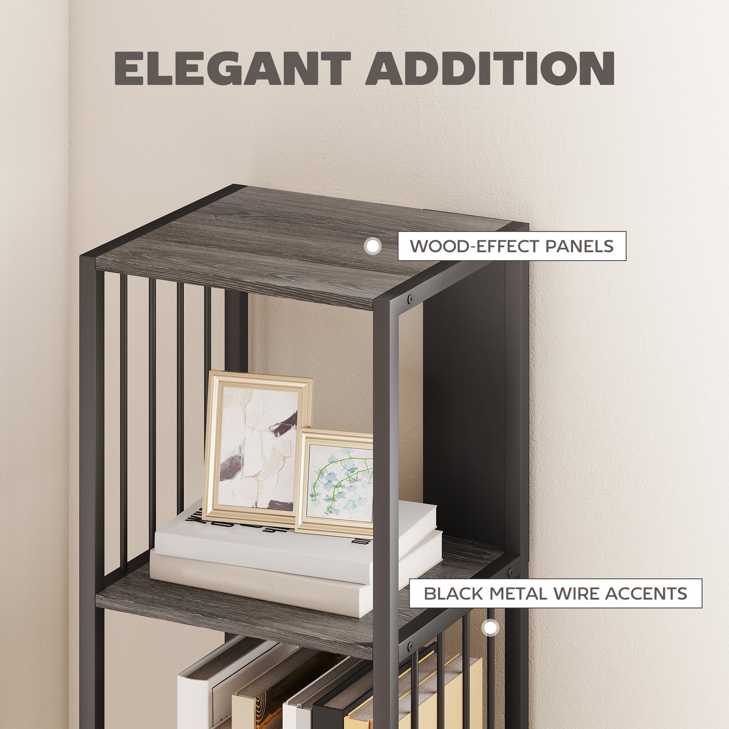 Reseka Metal And Wood Grey 5 Tier Bookshelf With Steel Frame