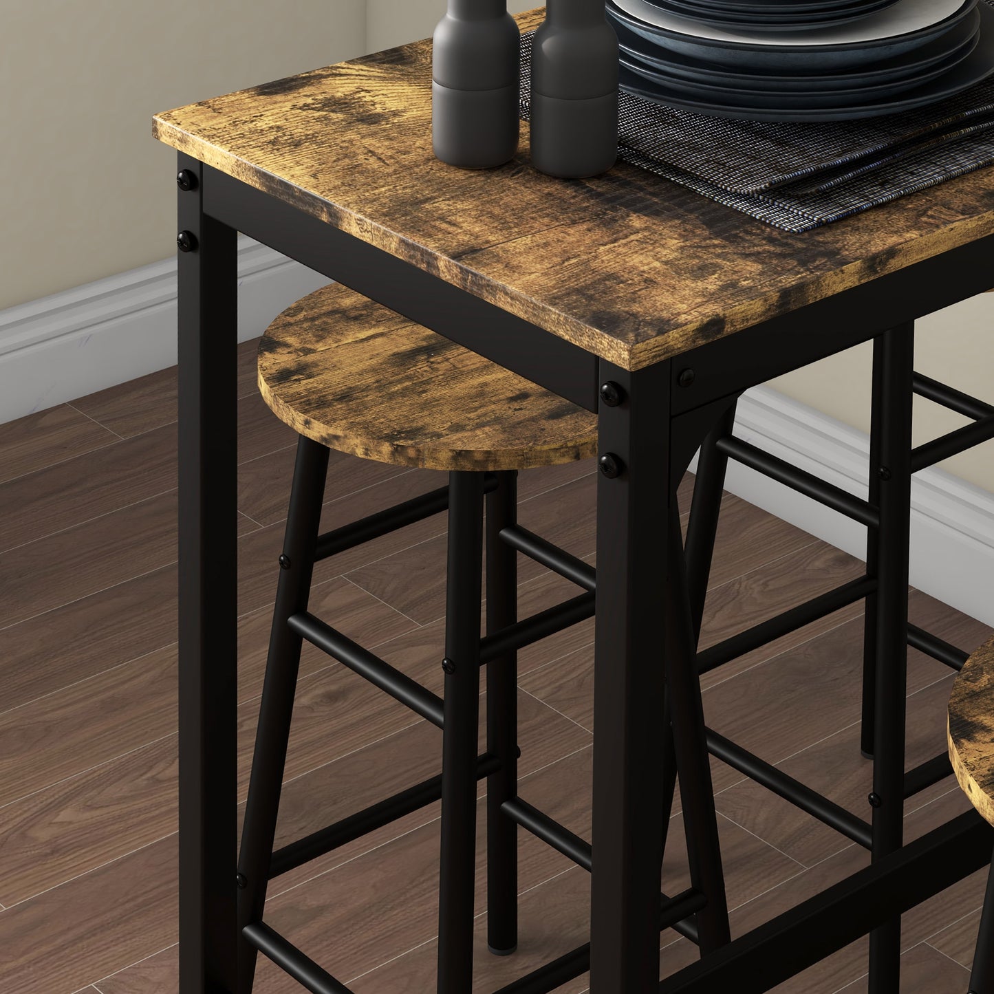 Tonayo Wooden Rustic Brown 5 Piece Industrial Bar Table And Stool Set
