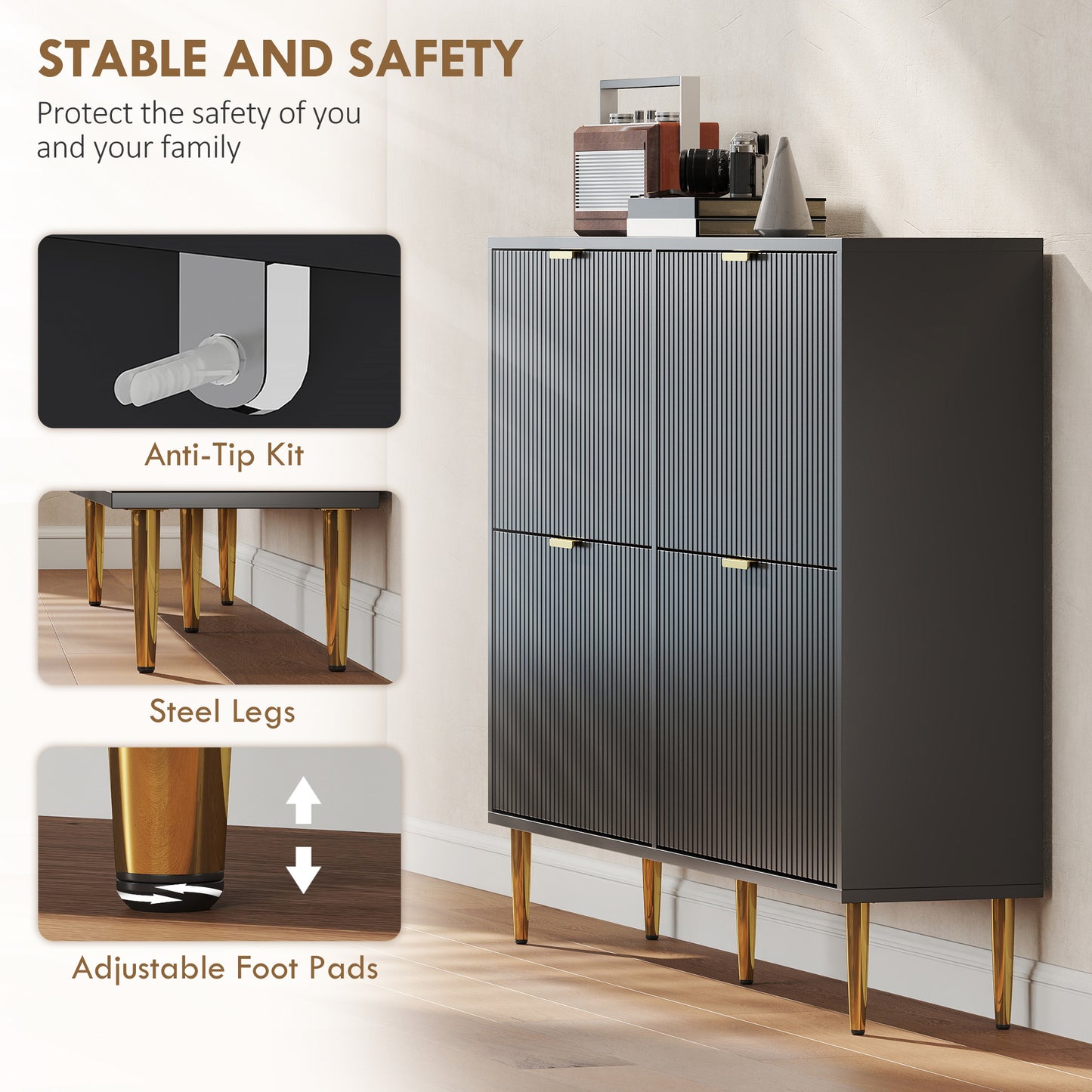 Cofa Zimo Wooden Black Elegant 4 Ribbed Drawer Shoe Cabinet Gold Handles