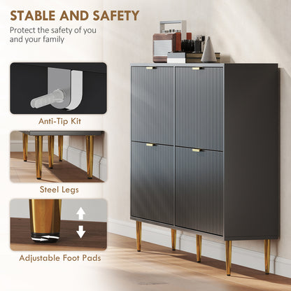 Cofa Zimo Wooden Black Elegant 4 Ribbed Drawer Shoe Cabinet Gold Handles