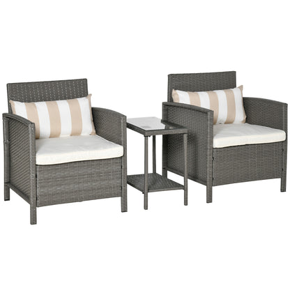 Reha Rattan Light Grey 3 Piece Garden Bistro Set With 2 Tier Glass Table And Stripe Cushions