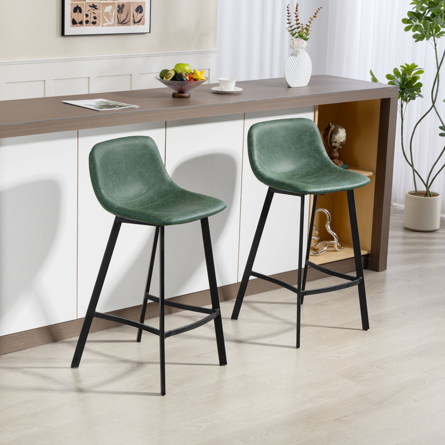 Noso Tane Set Of 2 Green Faux Leather Upholstered Dining Bar Stools