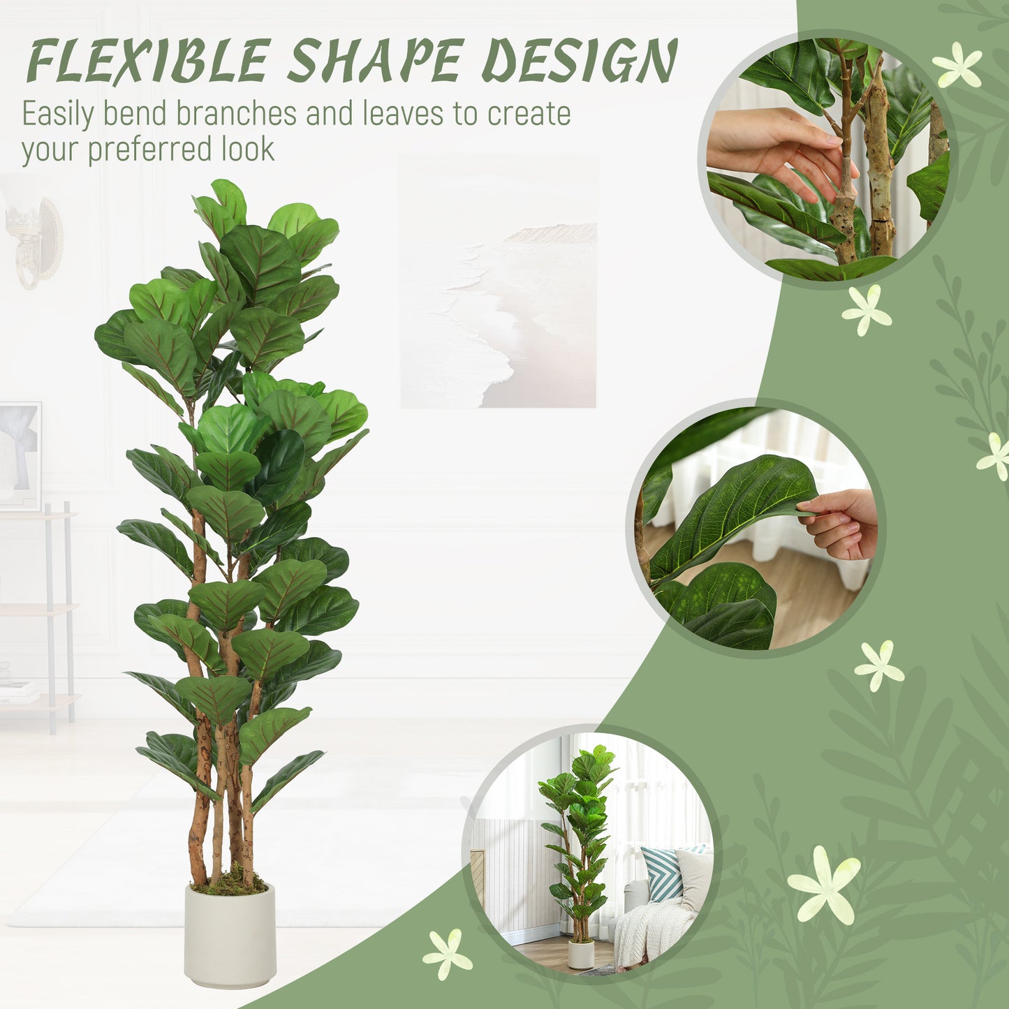 Toelna Artificial Fiddle Leaf Fig Style Tree With Broad Leaves H8 150cm Green