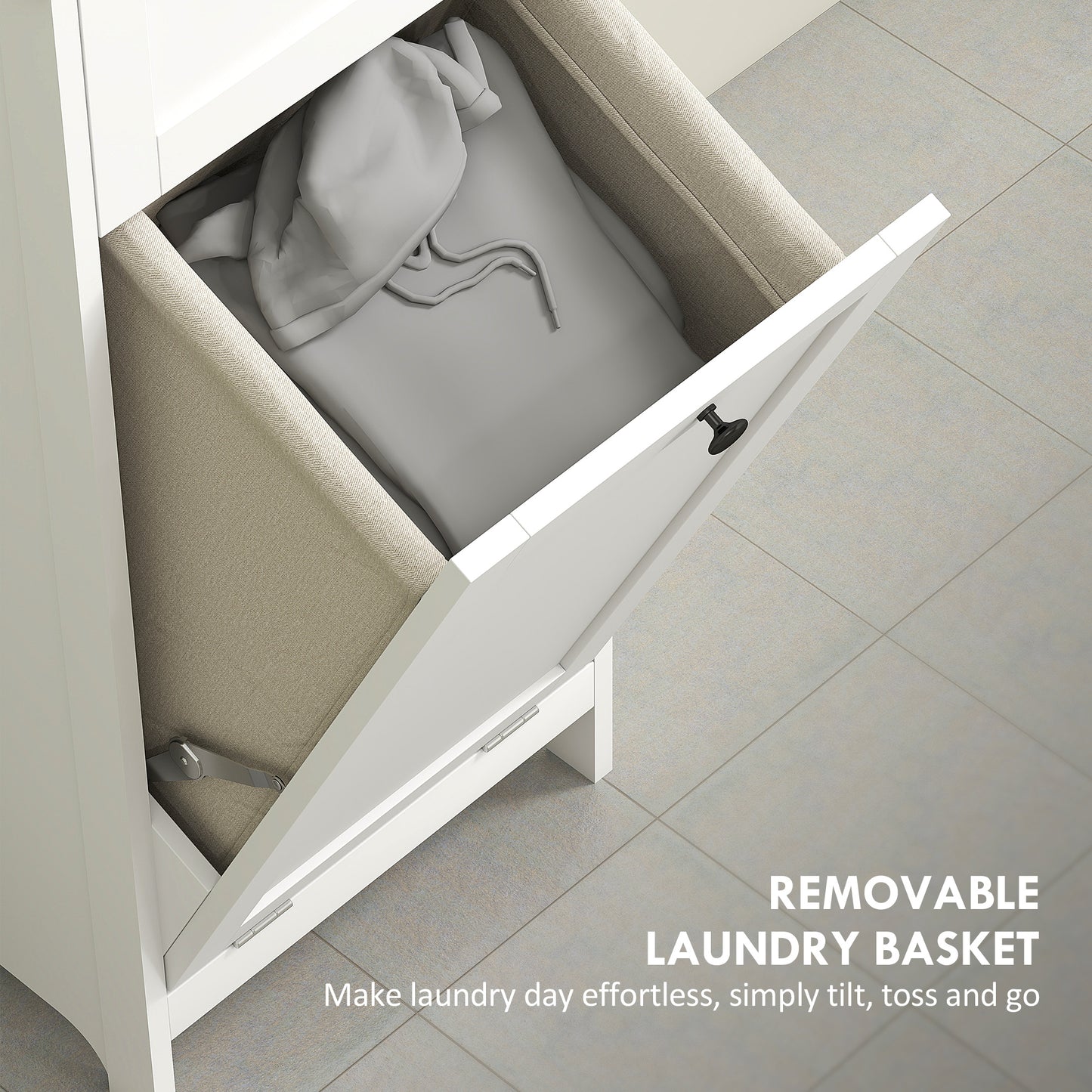 Elnova Tall Bathroom Storage Cabinet With Integrated Laundry Basket White