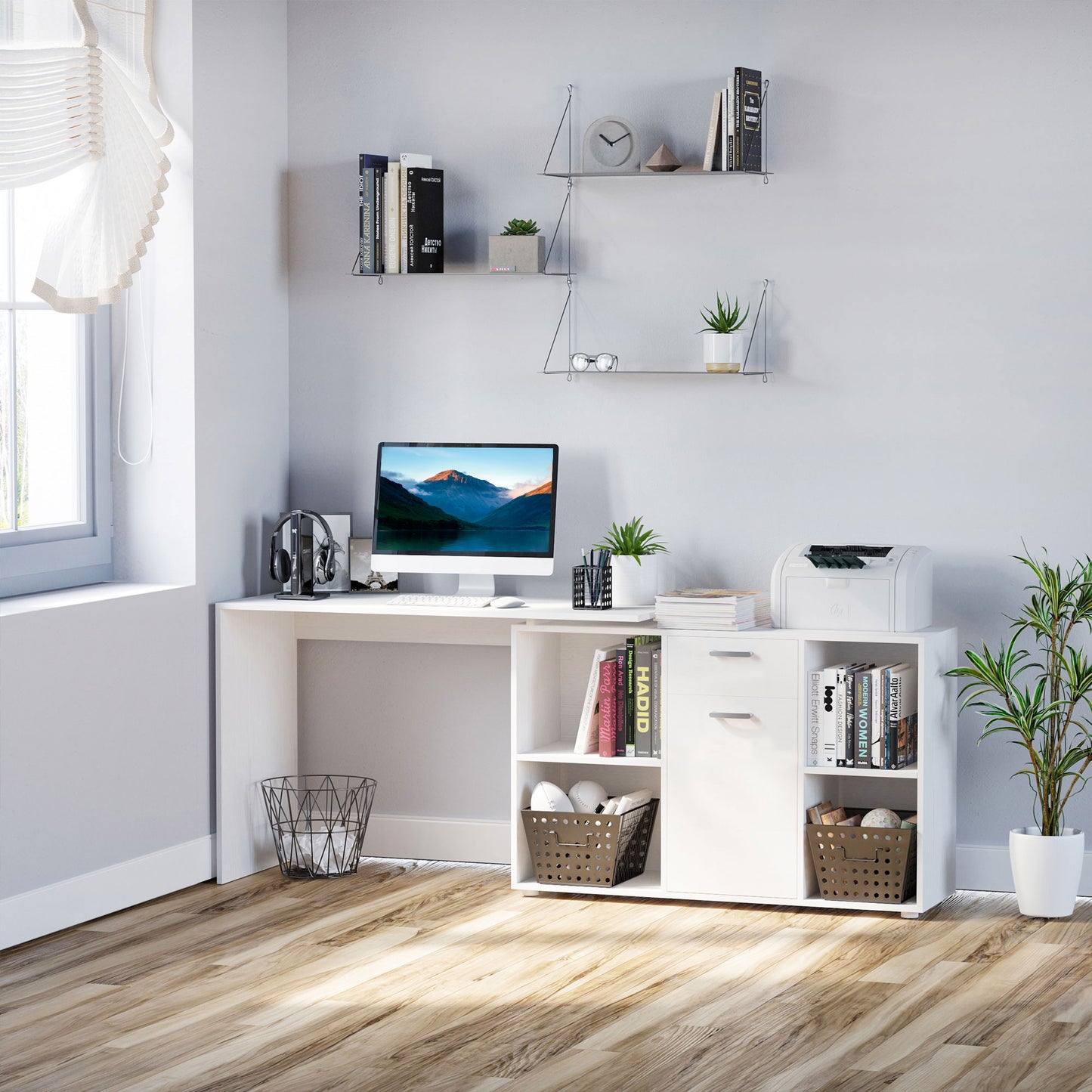 Ravettu 120cmWooden White L Shaped Corner Desk With Storage Compartments Drawer And Cabinet